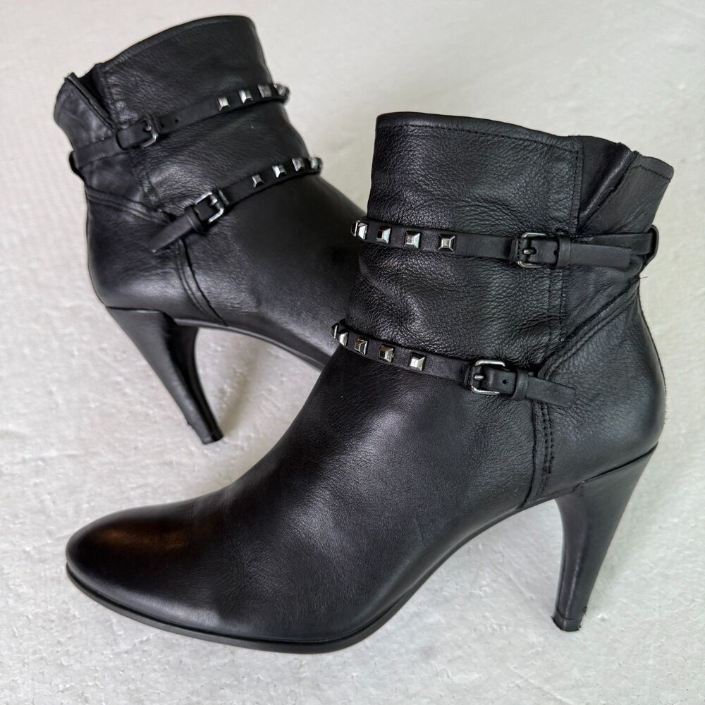 Size 40 / 9 - 9.5 - Ecco Shape Stiletto 75 Sleek Black Leather Booties Studded